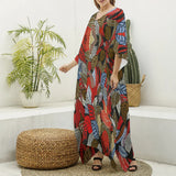 Ankara Leaf Print Women's Imitation Silk V-neck Kaftan Robe