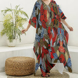 Ankara Leaf Print Women's Imitation Silk V-neck Kaftan Robe
