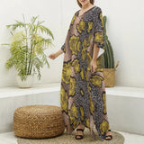 Gold Ankara Print Women's Imitation Silk V-neck Kaftan Robe