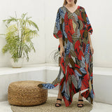 Ankara Leaf Print Women's Imitation Silk V-neck Kaftan Robe