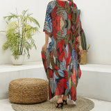 Ankara Leaf Print Women's Imitation Silk V-neck Kaftan Robe