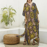 Gold Ankara Print Women's Imitation Silk V-neck Kaftan Robe
