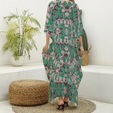 Pink and Green Ankara Print Women's V-neck Kaftan Robe