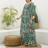 Pink and Green Ankara Print Women's V-neck Kaftan Robe