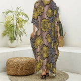 Gold Ankara Print Women's Imitation Silk V-neck Kaftan Robe