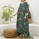 Green Leaf Ankara Print Women's Imitation Silk V-neck Kaftan Robe