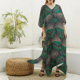 Green Leaf Ankara Print Women's Imitation Silk V-neck Kaftan Robe