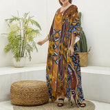 Cowrie Shell Print Women's Imitation Silk V-neck Kaftan Robe