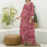 Red & Pink Print Women's V-neck Kaftan Robe